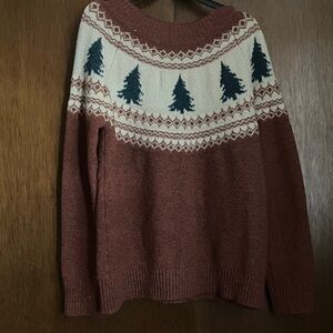 Cozy Red and Cream Sweater with Tree Pattern